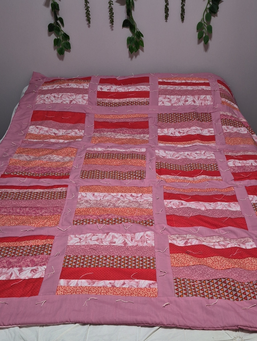 Handmade Pink and Red Patchwork Quilt - Cozy Home Bedding